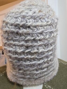Hand Crafted Cream and Light Gray Knit Alpaca Wool Hat